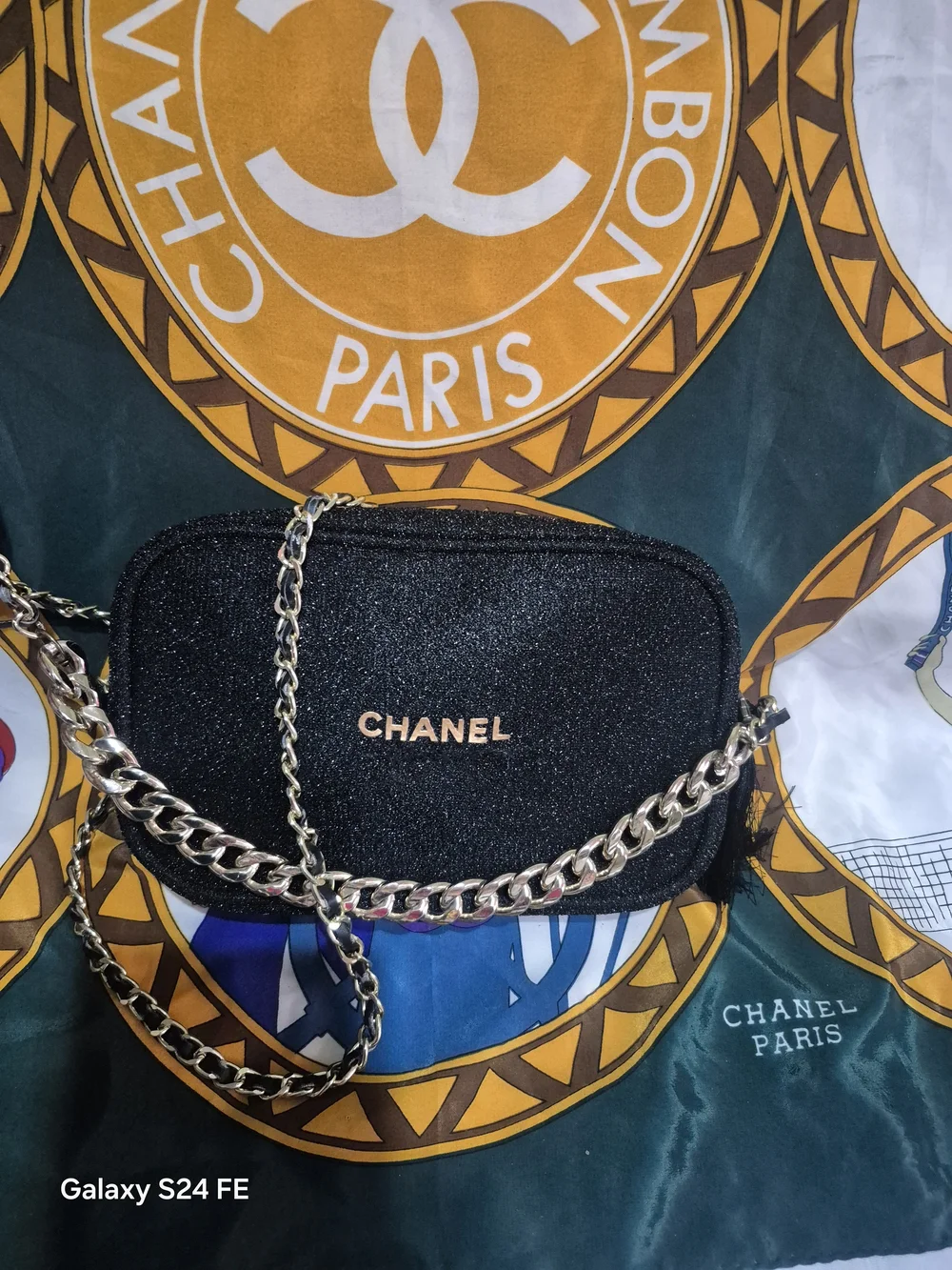 CHANEL Black Glitter Chain Crossbody Bag